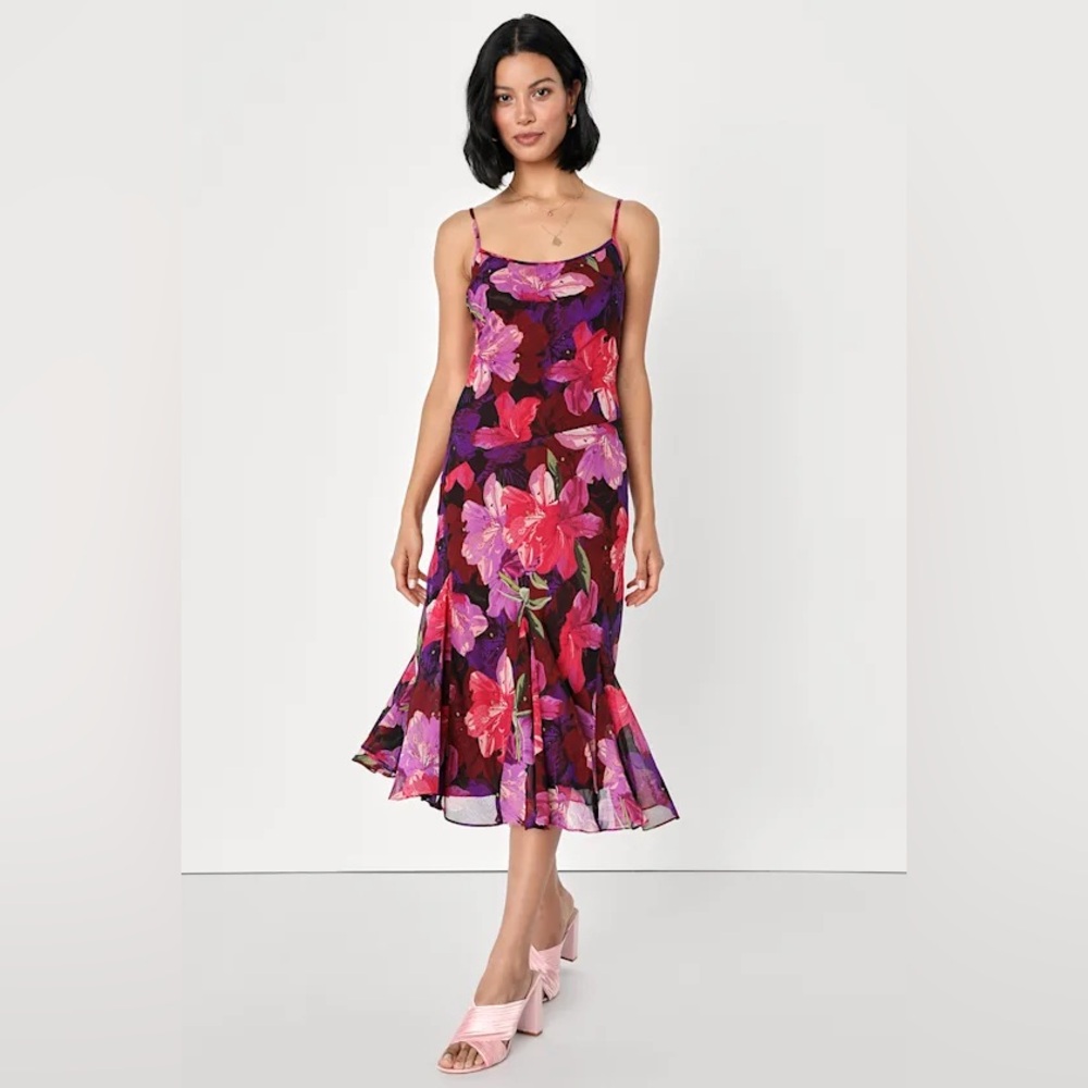 Like New! Lulu’s Sipping Sangria Burgundy Multi Floral Print Slip Midi Dress